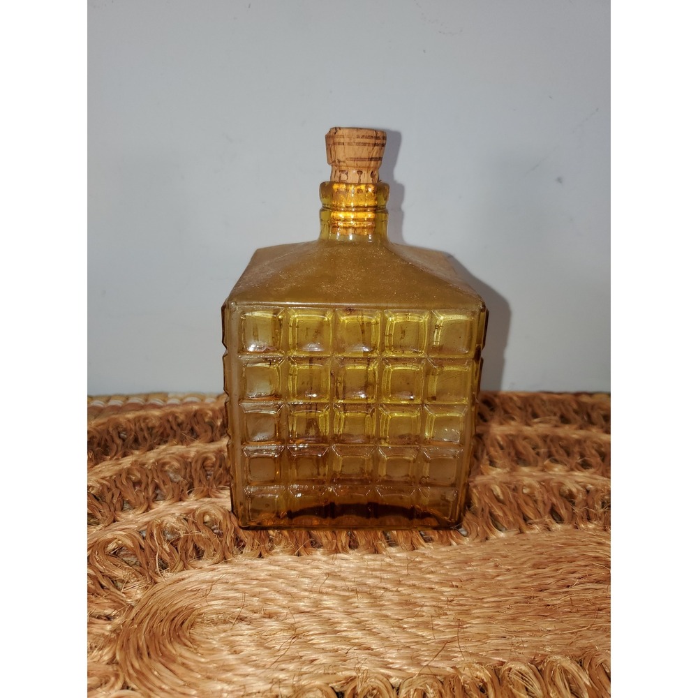 Vintage Amber Glass Decanter Square Waffle Pattern Bottle with Cork Stopper MCM